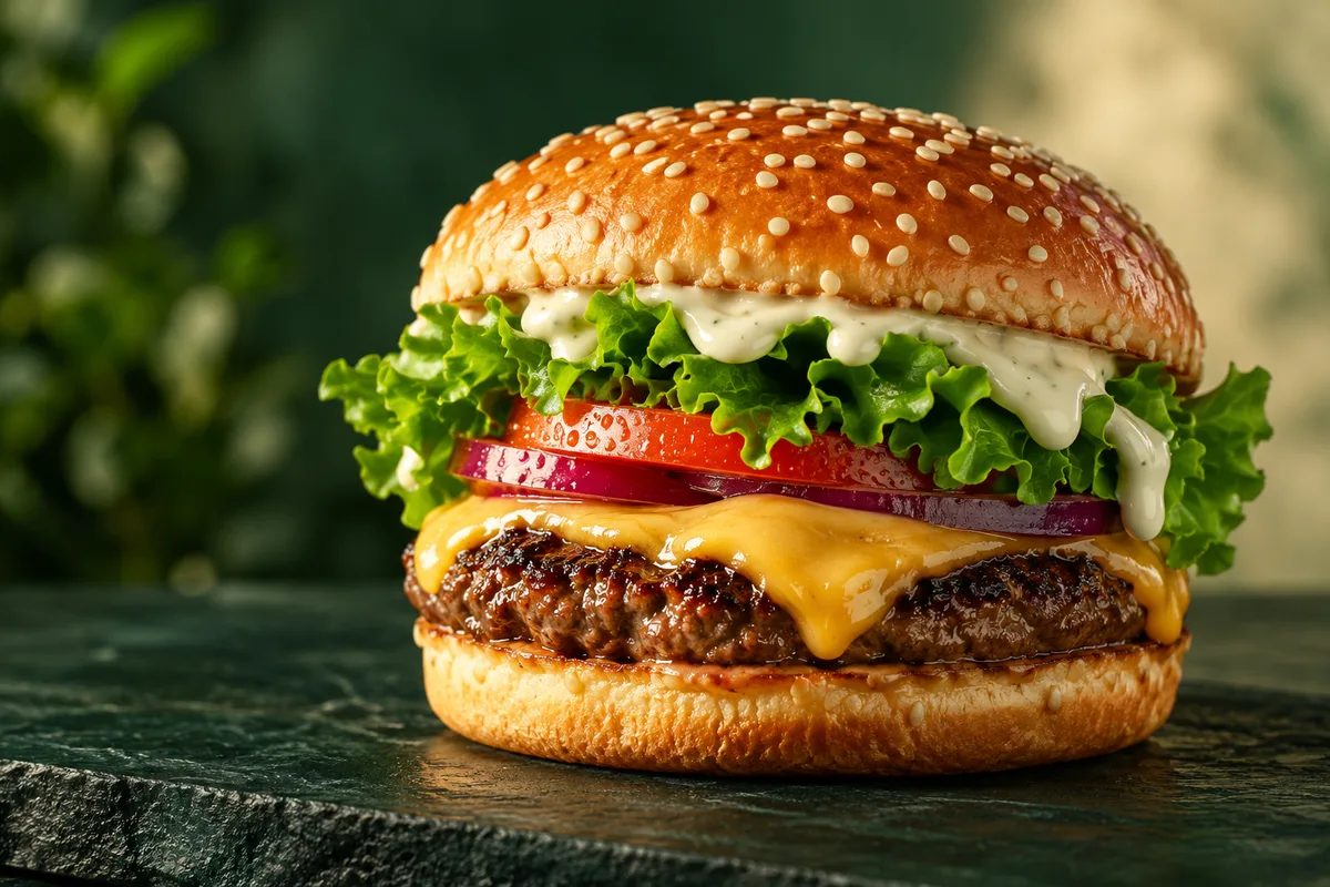 A burger with melted cheese, lettuce and a creamy white sauce