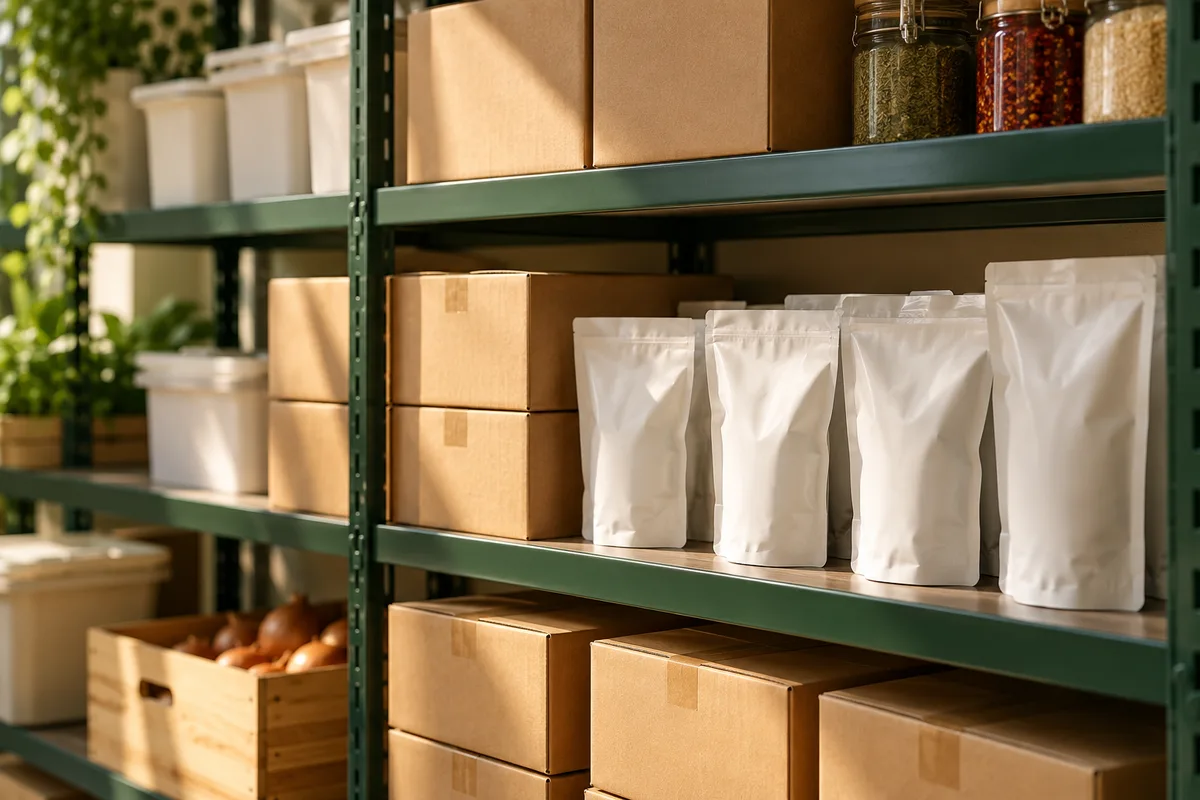 A tidy storeroom shelf with plain cartons and white sauce pouches