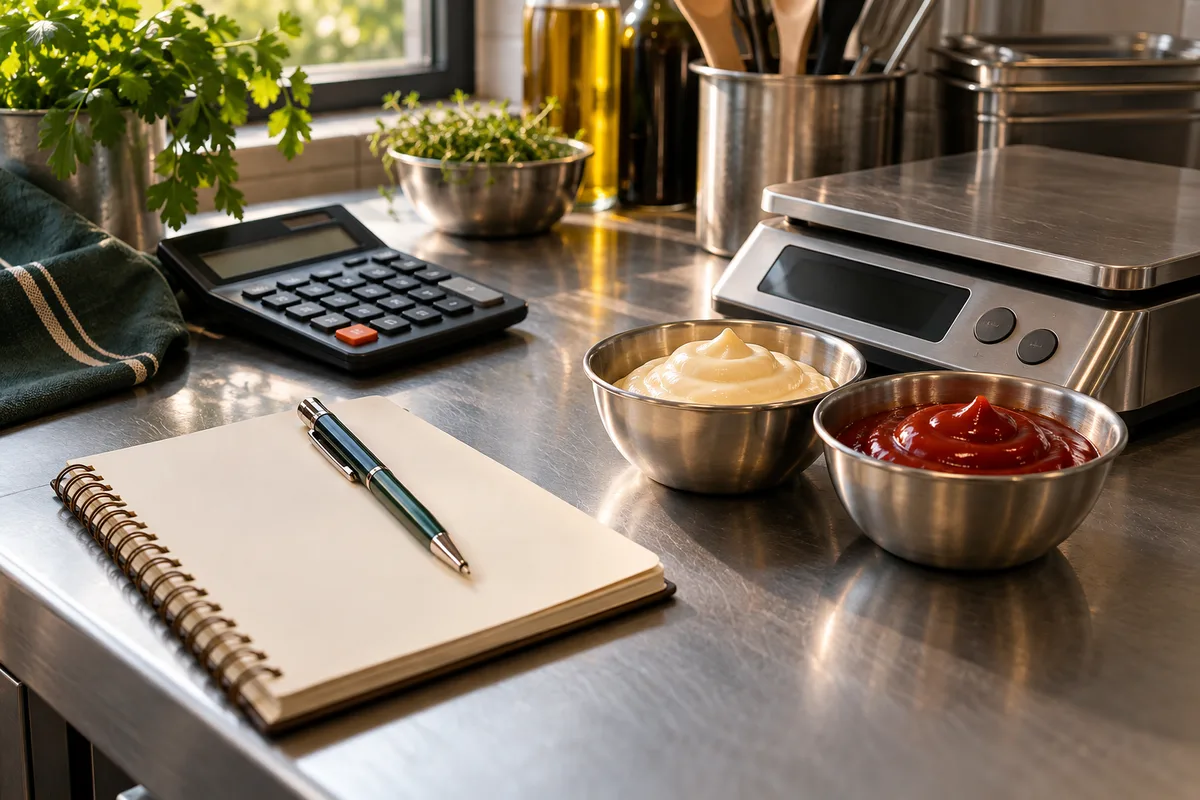 A notebook, calculator and kitchen scale beside small bowls of mayonnaise and ketchup
