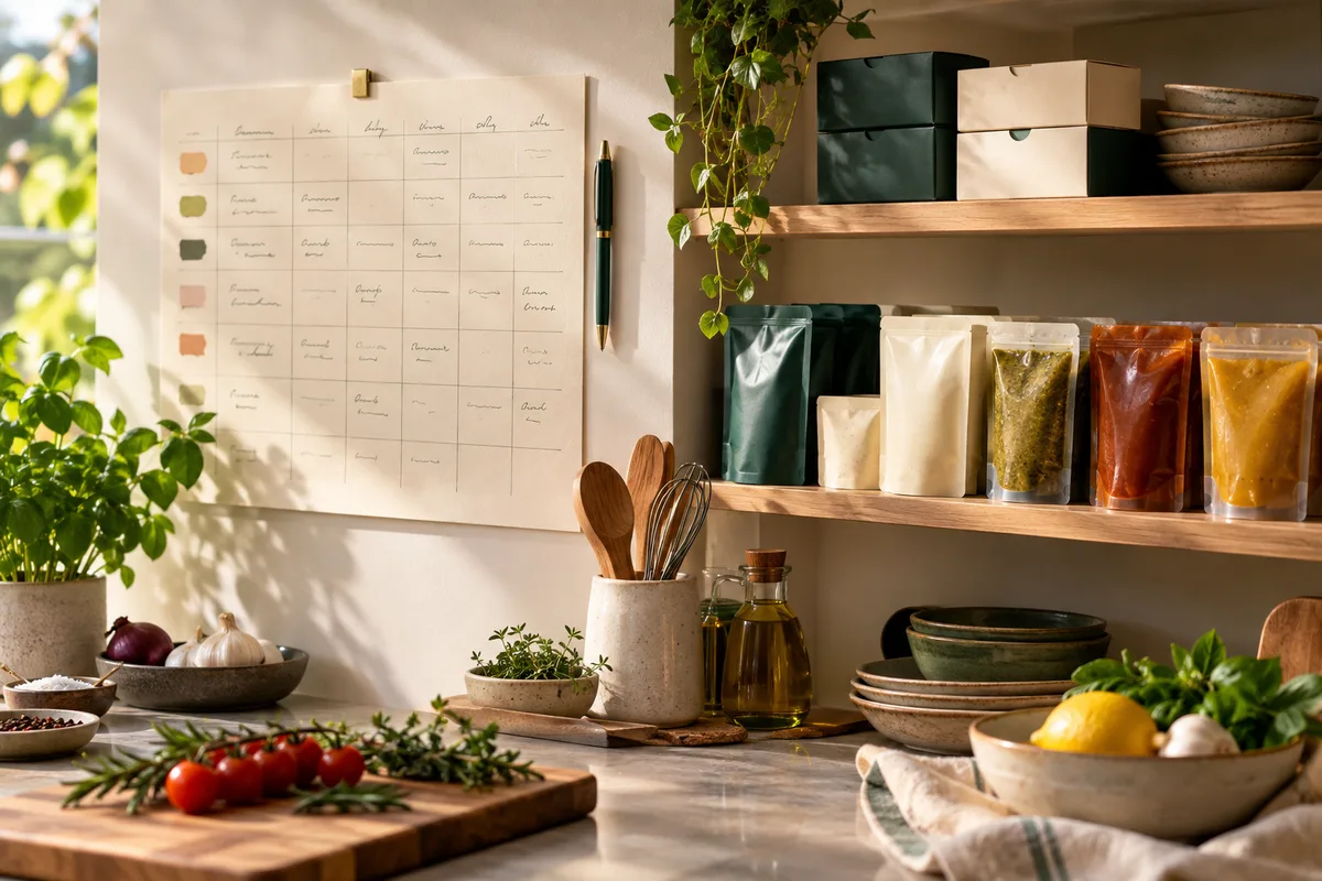 A kitchen planner with weekly orders beside stacked sauce cartons and pouches