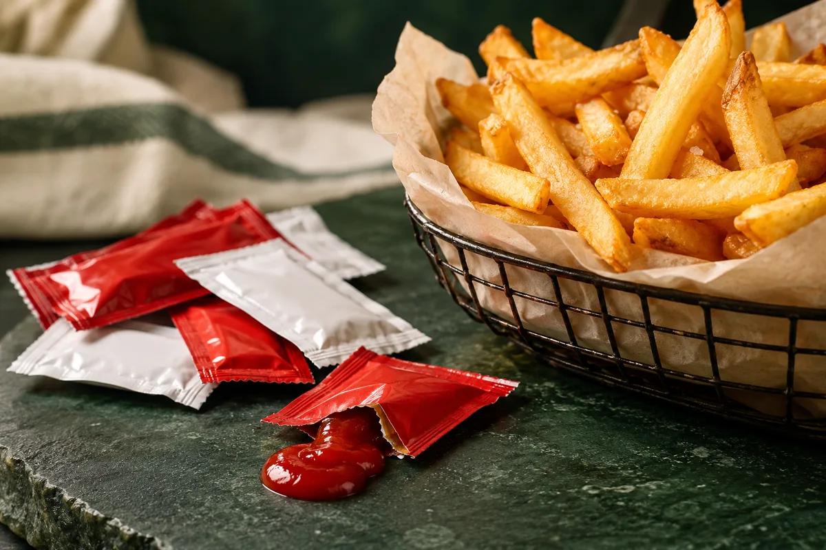 Single-serve ketchup sachets beside a basket of french fries