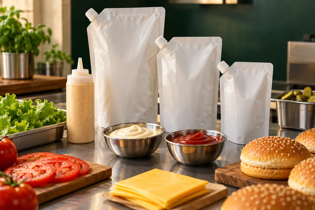A clean restaurant prep counter with sauce pouches, steel bowls and burger ingredients