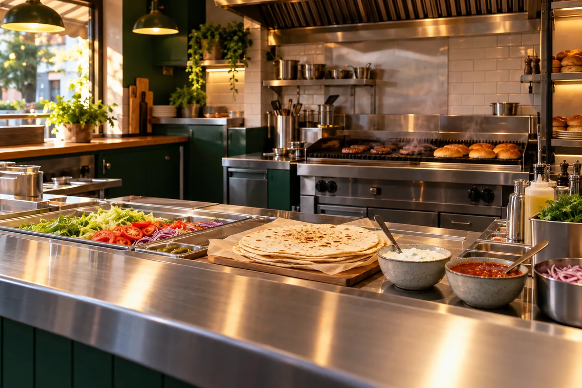 An empty modern fast food counter with a grill station, wrap bread and bowls of white and red sauces