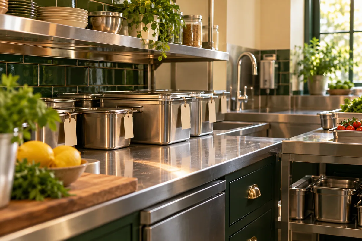 A spotless commercial kitchen prep area with stainless steel surfaces and labelled lidded containers