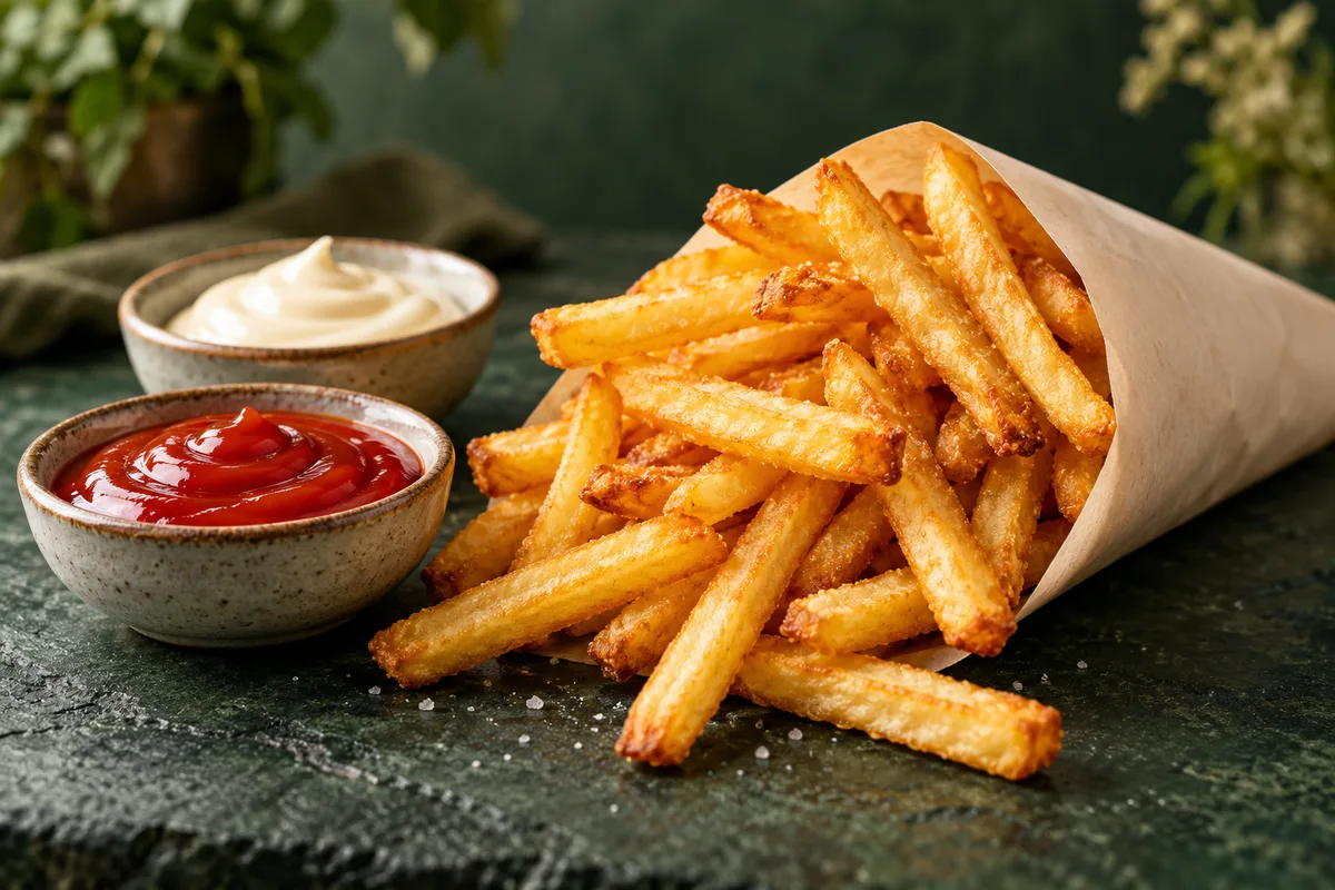 A basket of golden fries with small bowls of white mayonnaise and red ketchup