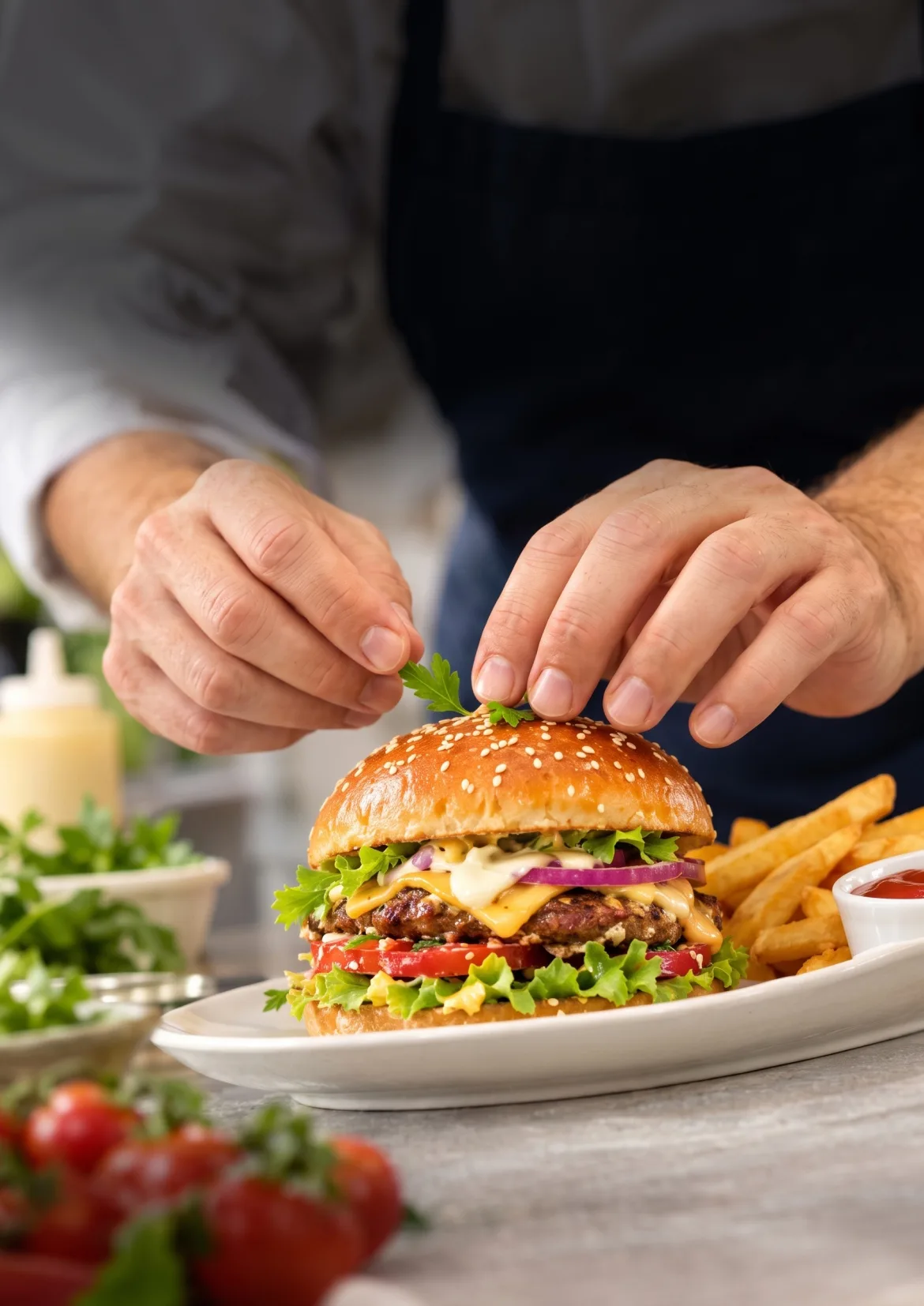 A cook finishing a burger